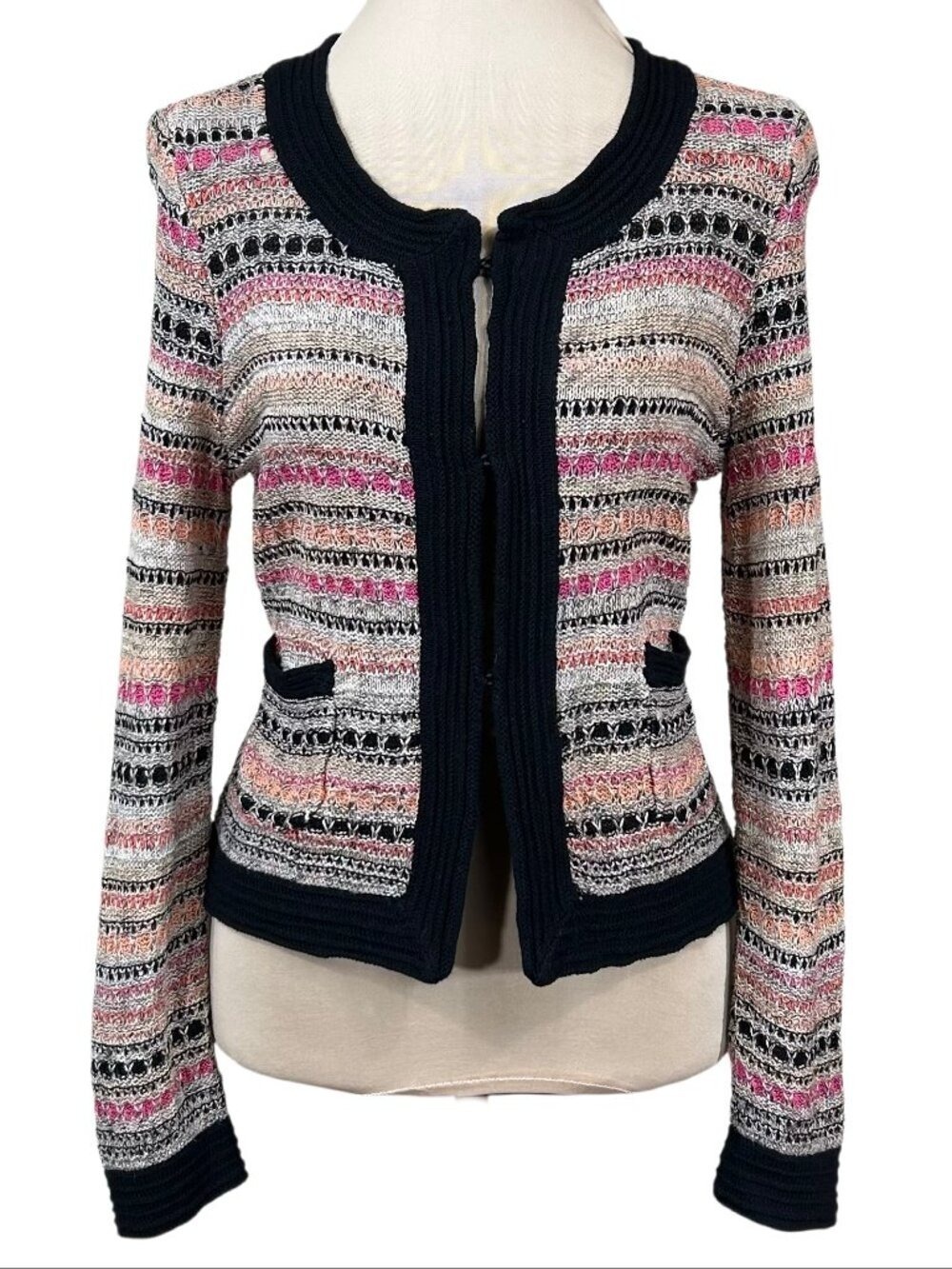 Nic + Zoe Pink Black Stripe Linen Blend Long Sleeve Cardigan Sweater Size M